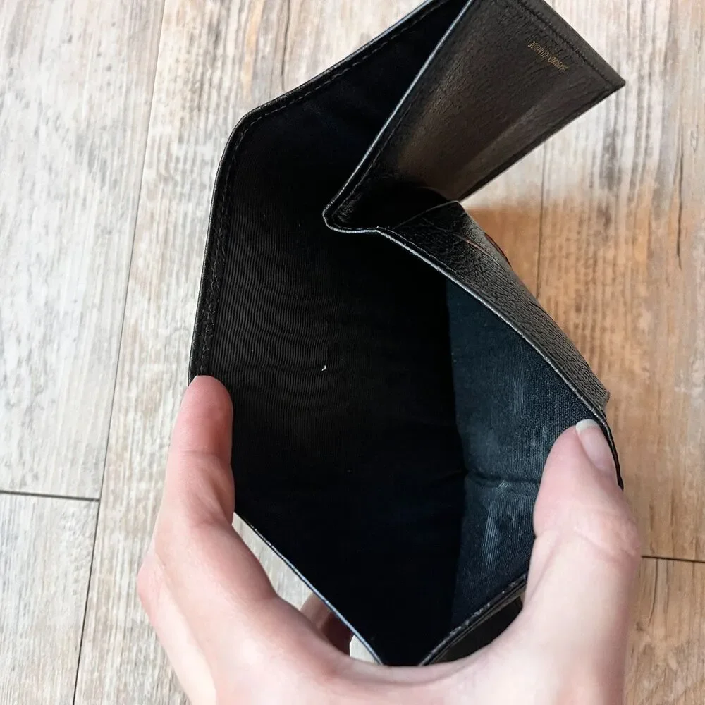 Vintage Shrunken Cowhide Trifold Wallet Black Genuine Leather